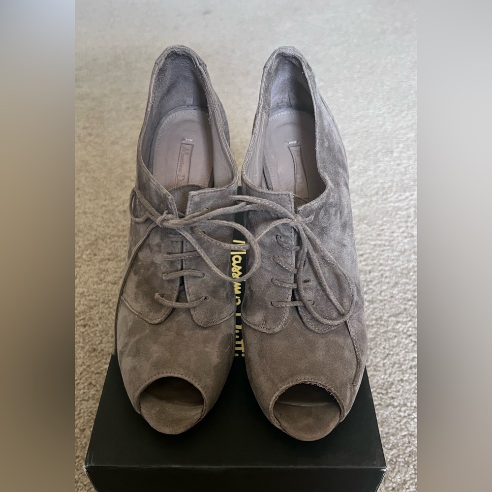Massimo Dutti grey suede, lace up,  peep-toe heels